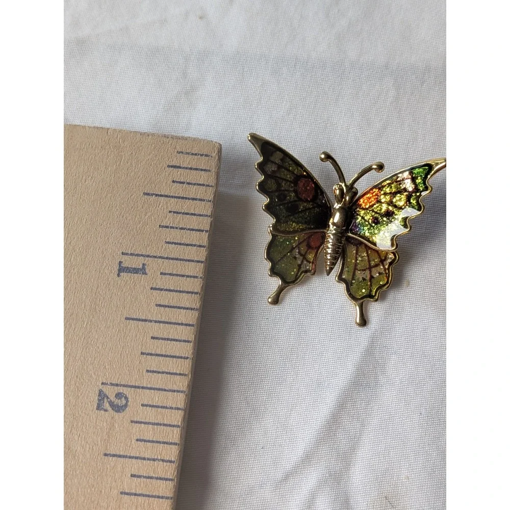 Vintage‎ Gold Tone Glitter Enamel Butterfly Brooch Pin Green Orange Whimsical